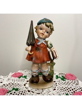Vintage Brinn Ceramic Child Figurine with Umbrella & Books